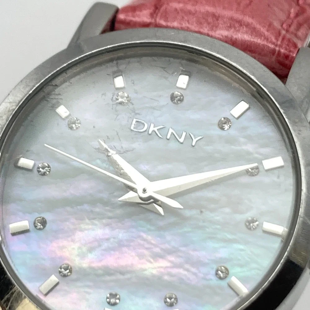 DKNY Women's Watch Silver Tone 28mm MOP Dial Pink Leather New Battery 8.25
